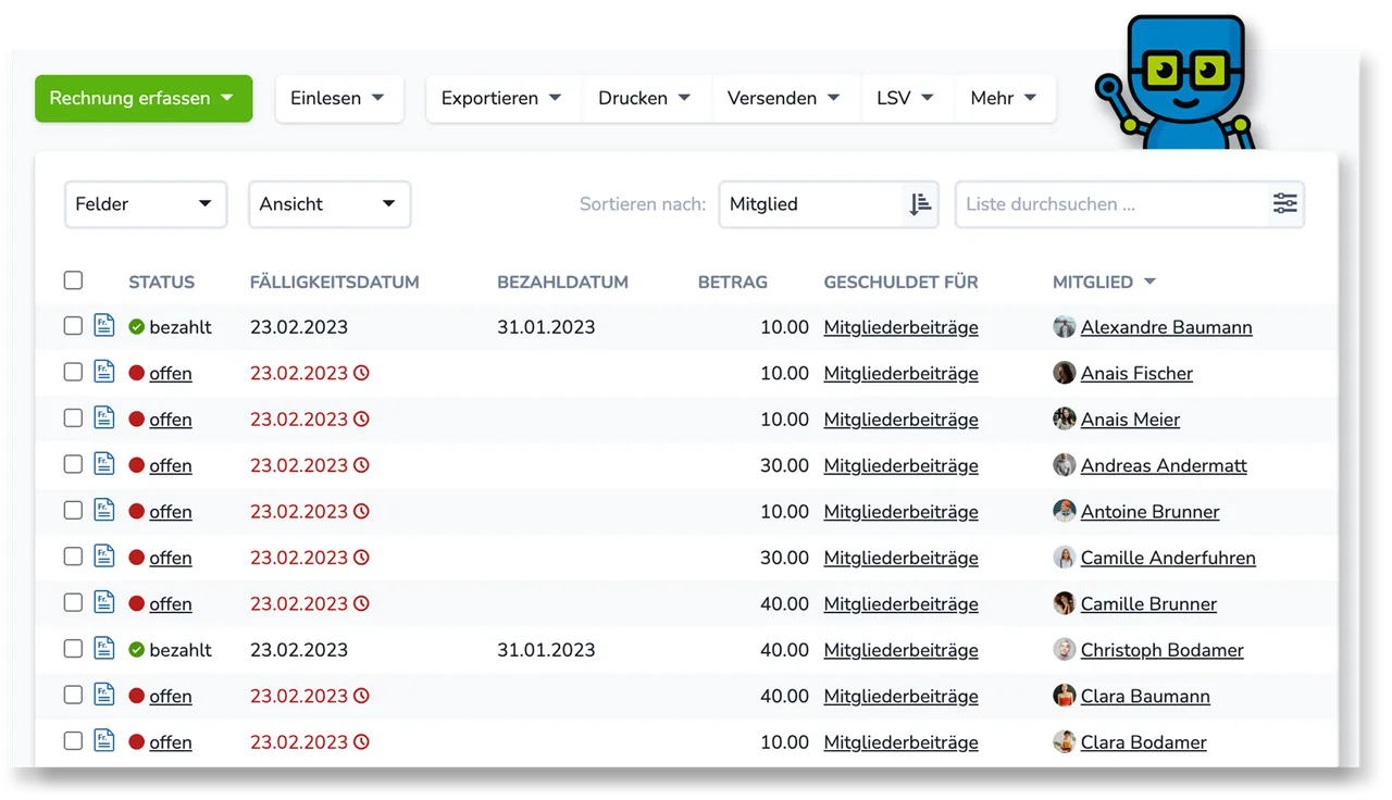 Darstellung der Mitgliederverwaltung der Vereinssoftware.