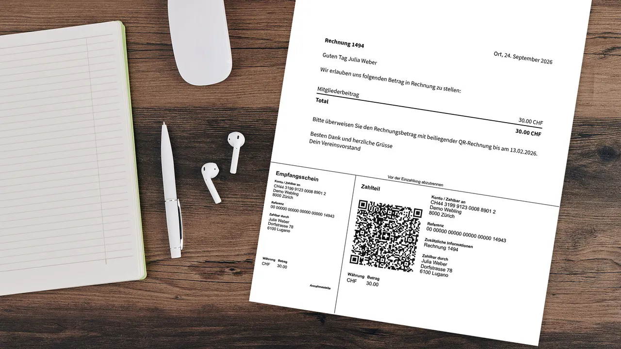 QR-Rechnung für den Mitgliederbeitrag mit Zahlteil aus Webling