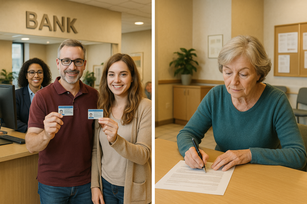 Bild mit zwei Bildhälften. Auf der einen Seite befinden sich zwei Personen auf der Bank mit Personalausweis. Auf der anderen Seite eine Person, die ein Dokument zeichnet.